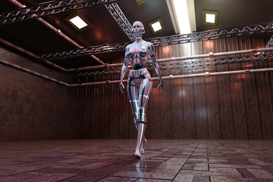 Three dimensional render of gynoid walking inside empty warehouse