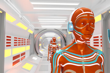 Three dimensional render of gynoids standing along futuristic corridor inside spaceship or space station