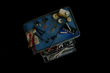 Top view of tool box with black background