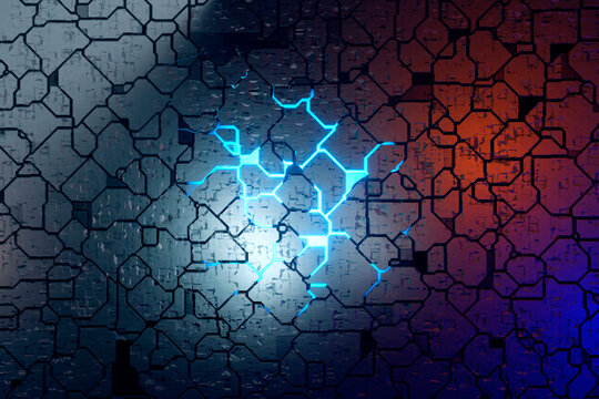 Three dimensional render of glowing circuit board