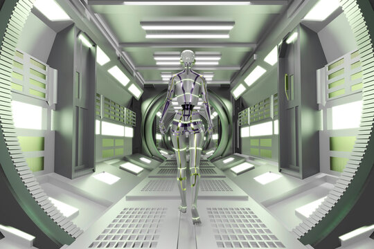 3D rendered illustration of gynoid in illuminated spaceship tunnel