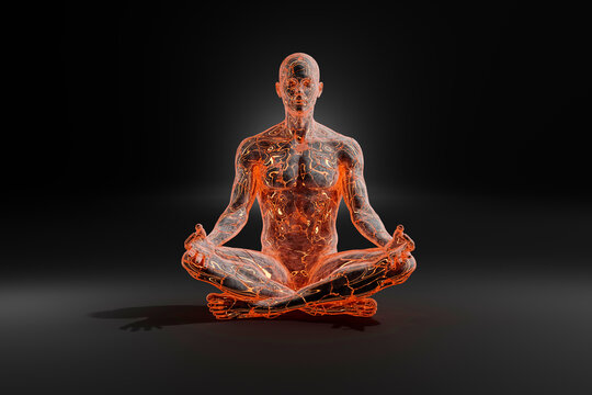 3D illustration of male character meditating in lotus position against black background