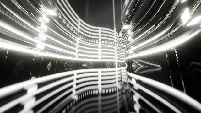 Three dimensional render of brightly lit futuristic corridor