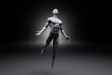 3D illustration of levitating male character made out of concrete