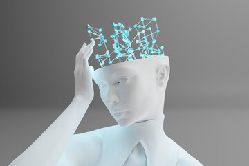 Three dimensional render ofÔøΩgynoidÔøΩtouching digital brain representing machine learning and artificial intelligence