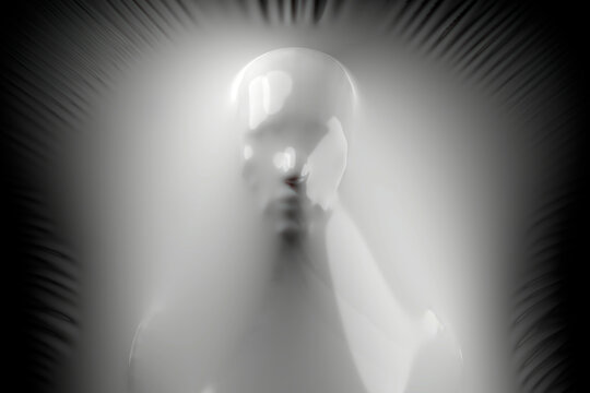 Three dimensional render of human face wrapped in plastic foil