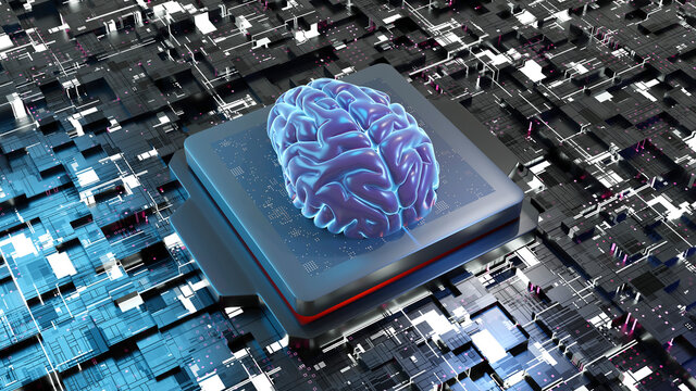 Illustration of three dimensional human brain on circuit board