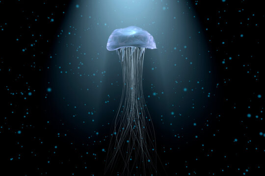 Three dimensional render of white glowing jellyfish - Powered by Adobe