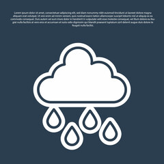 Blue line Cloud with rain icon isolated on blue background. Rain cloud precipitation with rain drops. Vector