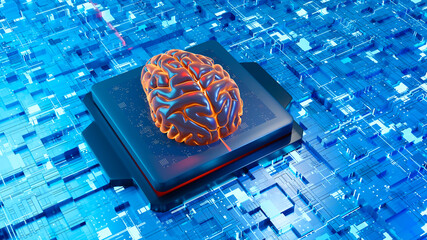 3D illustration of brain on circuit board over neural network