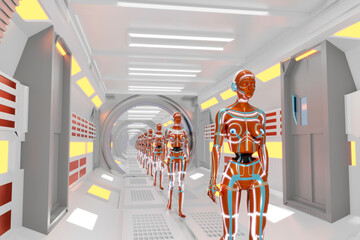Female cyborgs standing in illuminated corridor