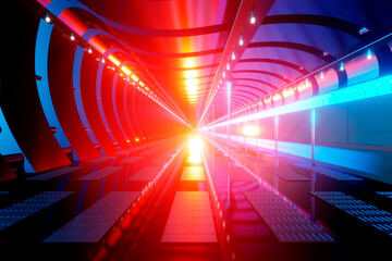 Three dimensional render of futuristic corridor inside spaceship or space station illuminated by bright red light