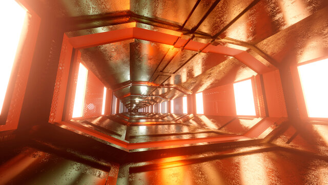 Three dimensional render of futuristic corridor inside spaceship or space station