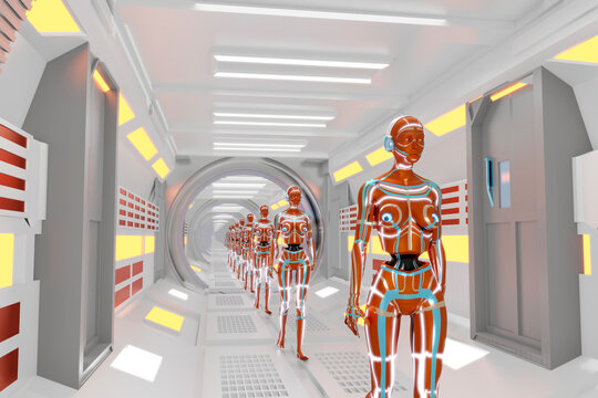Female cyborgs standing in illuminated corridor