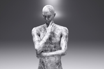 3D illustration of pensive male character made out of concrete against gray background