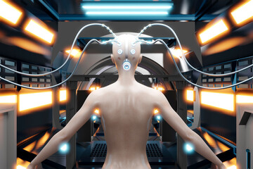 3D illustration of human brain connected digitally through wires