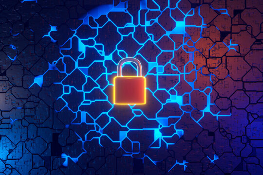 Three dimensional render of padlock and circuit board symbolizing data security