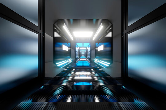 Three dimensional render of long straight corridor inside spaceship or space station