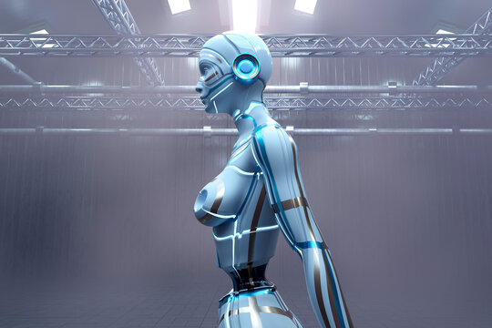 Three dimensional render of gynoid standing inside empty warehouse