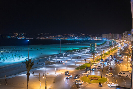 Morocco,&Ocirc;&oslash;&Omega;Tanger-Tetouan-Al&Ocirc;&oslash;&Omega;Hoceima, Tangier, Coast of illuminated city at night