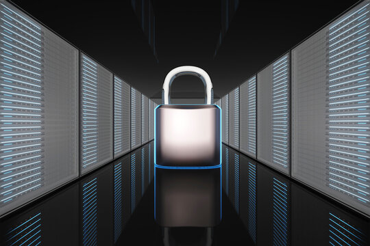 3D rendered illustration large padlock in server room for data security