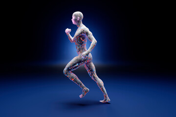 3D illustration male sporty runner made out of concrete and flowing energy against blue background