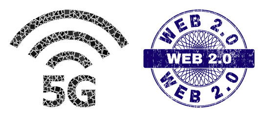 Obraz premium Geometric mosaic 5G radio source, and Web 2.0 corroded seal print. Blue seal has Web 2.0 text inside circle form. Vector 5G radio source mosaic is constructed with randomized circle, triangle,