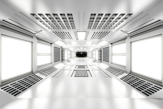 3D rendered illustration of empty illuminated white spaceship corridor