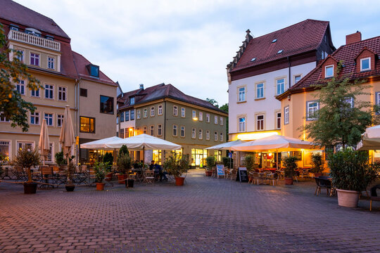 Germany, Erfurt, Wenigemarkt, old town square at dusk