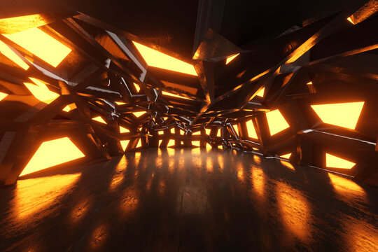 Three dimensional render of bizarre corridor inside spaceship or space station