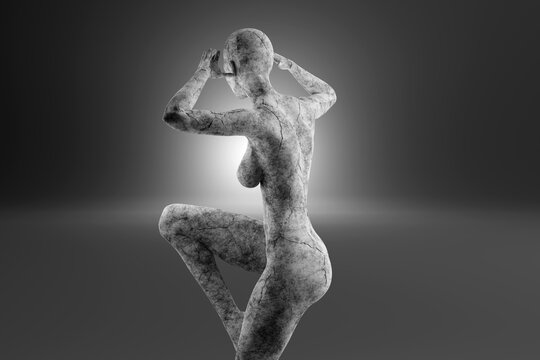3D illustration of female character made out of concrete against gray background