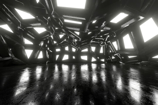 Three dimensional render of black futuristic interior