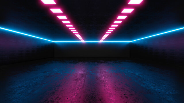 Illustration of three dimensional illuminated empty tunnel at industry - Powered by Adobe