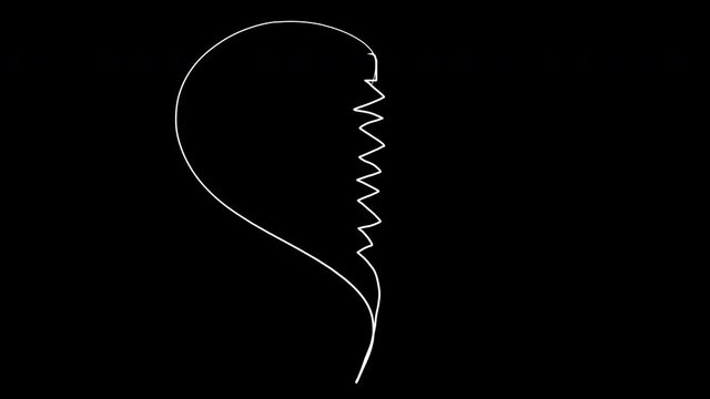 Doodle animation of unrequited love for overlay. Love and hate. School sketch of a lover with white lines on a black background. Lips, broken hearts, lettering, arrows, lightning, stay, pulse.