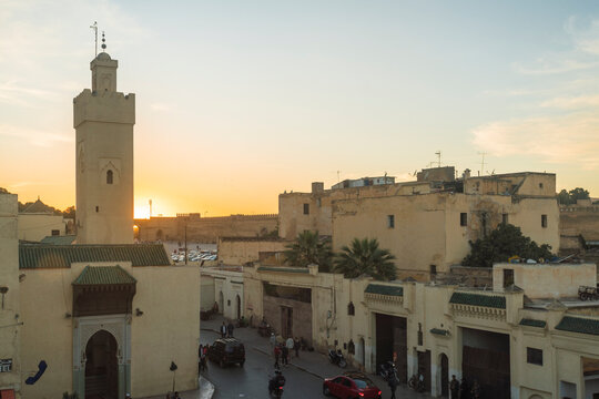 Morocco, Fes-Meknes, Fes, Bou Jeloud Mosque at sunset
