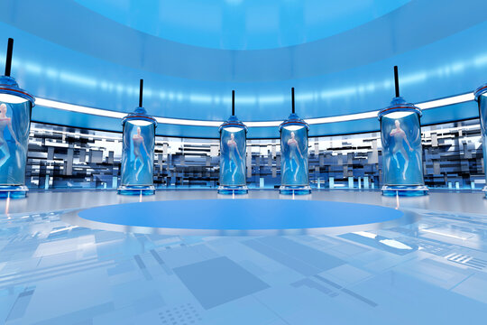 Three dimensional render of futuristic human cloning facility