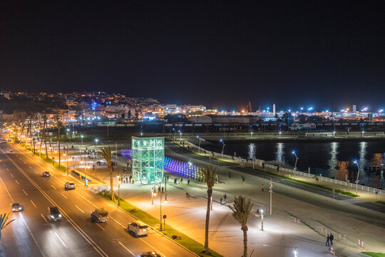 Morocco, Tanger-Tetouan-Al Hoceima, Tangier, Coast of illuminated city at night