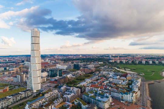 Sweden, Scania, Malmo, Aerial view of Turning Torso skyscraper