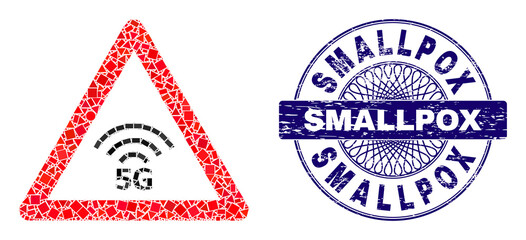 Geometric mosaic 5G warning, and Smallpox grunge stamp seal. Blue stamp seal contains Smallpox caption inside round form. Vector 5G warning mosaic is made with scattered spheric, triangle,