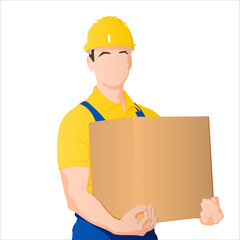Worker wearing a helmet and uniform with a carboard box. Vector flat-style illustration isolated on white
