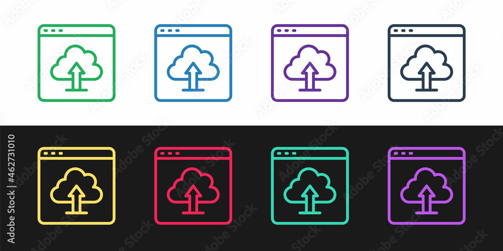 Poster set line cloud upload icon isolated on black and white background. vector