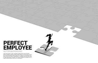 Silhouette of businesswoman running on final jigsaw piece. Concept of perfect recruitment. Human Resource. put the right man on the right job.