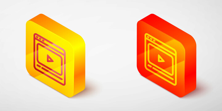 Isometric line Online play video icon isolated on grey background. Film strip with play sign. Yellow and orange square button. Vector