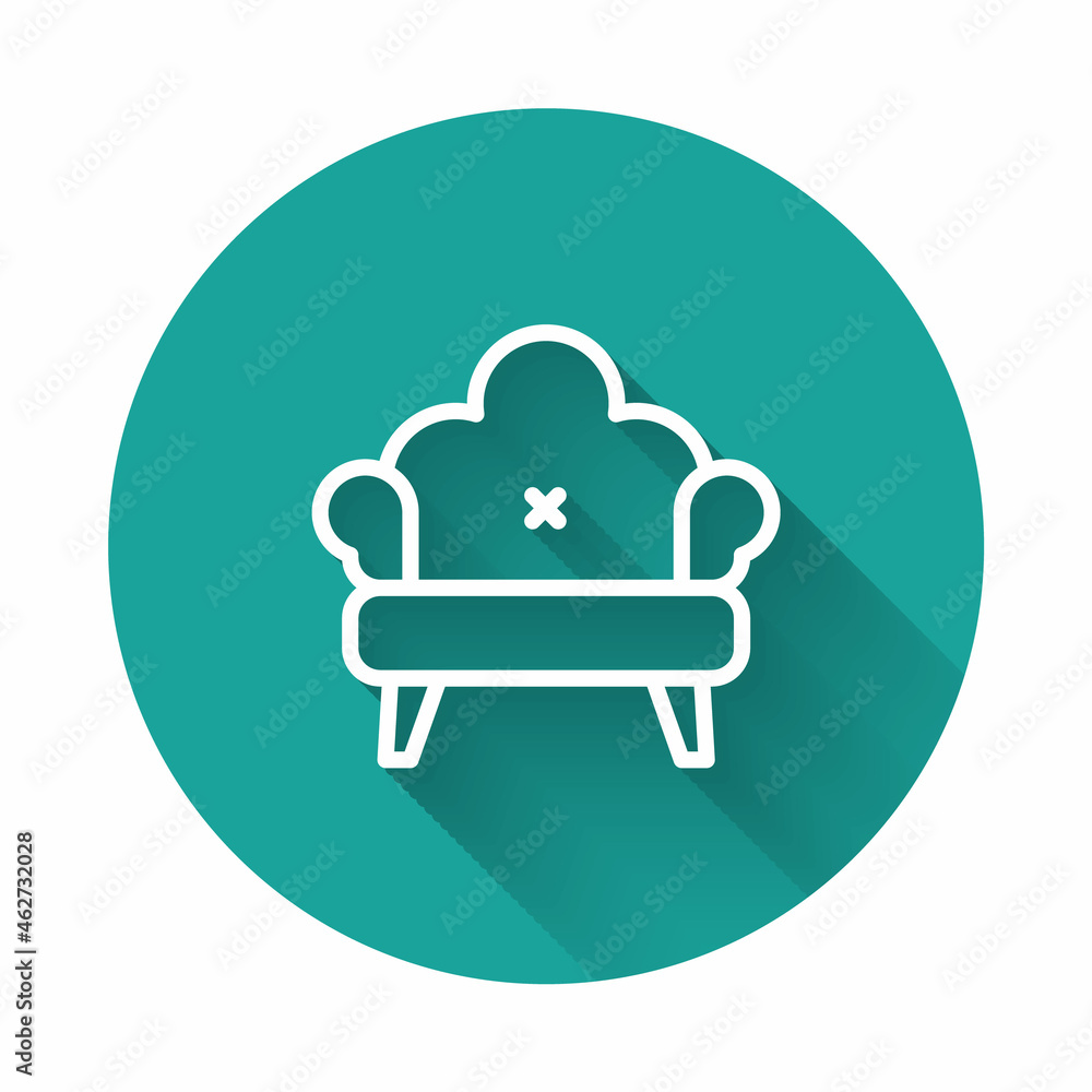 Poster white line sofa icon isolated with long shadow background. green circle button. vector