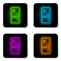 Glowing neon line Refrigerator icon isolated on white background. Fridge freezer refrigerator. Household tech and appliances. Black square button. Vector