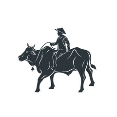 illustration of asian farmer riding his cow 