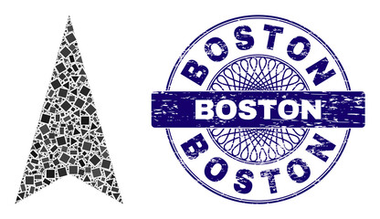 Geometric collage arrowhead up, and Boston rubber seal. Blue seal has Boston text inside circle shape. Vector arrowhead up collage is done from random round, triangle, rectangle elements.