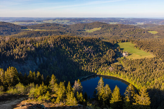 Germany, Baden-Wurttemberg, Feldberg, Scenic view of Feldsee lake and surrounding forest
