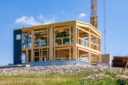 Germany, Baden-Wurttemberg, Wooden frame of new building under construction