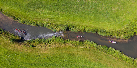 Aerial view of kayakers on Grosse Lauter river in summer